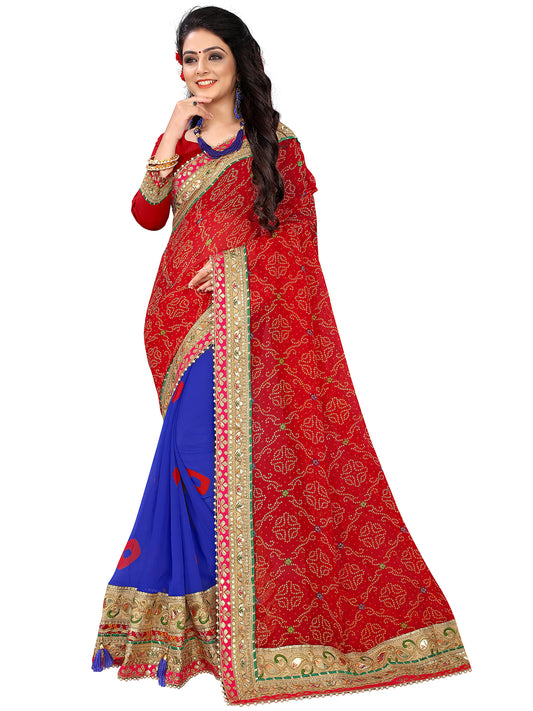 Women's Georgette Bandhani Saree With Unstitched Blouse Piece