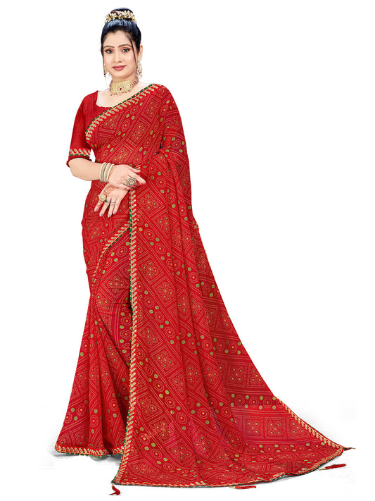 Women's Georgette Bandhani Saree With Unstitched Blouse Piece