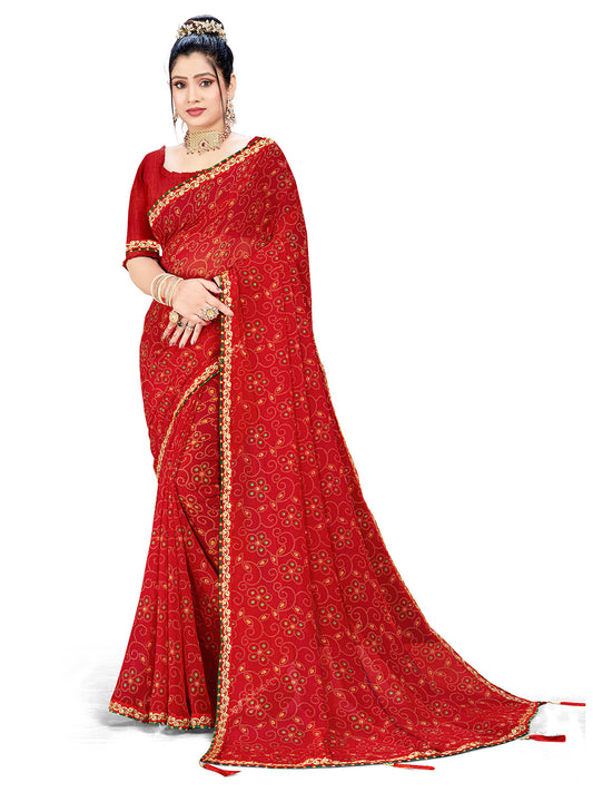 Women's Georgette Bandhani Saree With Unstitched Blouse Piece