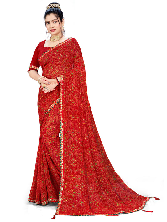 Women's Georgette Bandhani Saree With Unstitched Blouse Piece