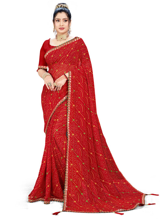 Women's Georgette Bandhani Saree With Unstitched Blouse Piece
