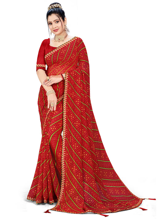 Women's Georgette Bandhani Saree With Unstitched Blouse Piece