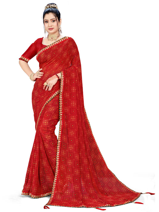 Women's Georgette Bandhani Saree With Unstitched Blouse Piece