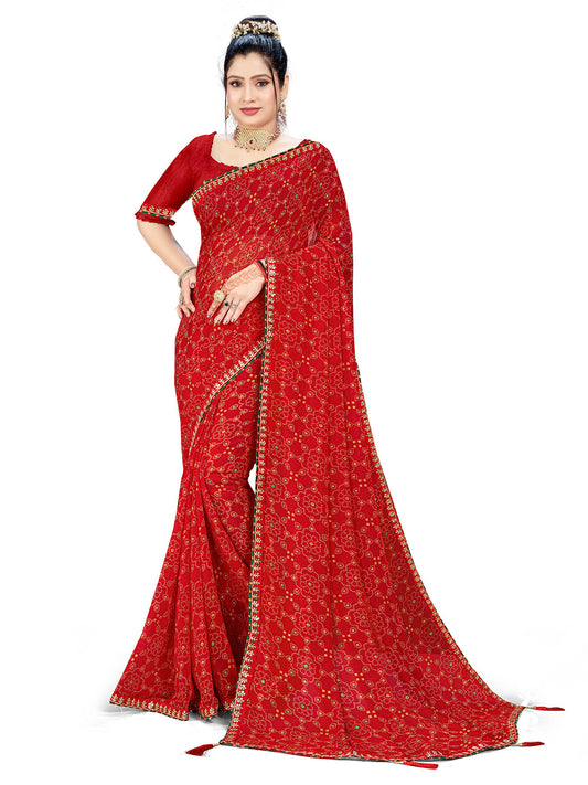 Women's Georgette Bandhani Saree With Unstitched Blouse Piece