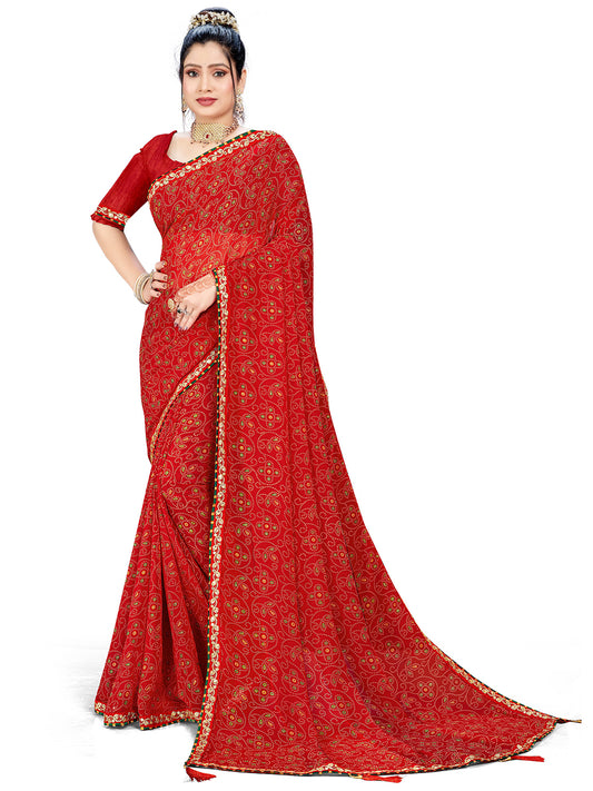 Women's Georgette Bandhani Saree With Unstitched Blouse Piece