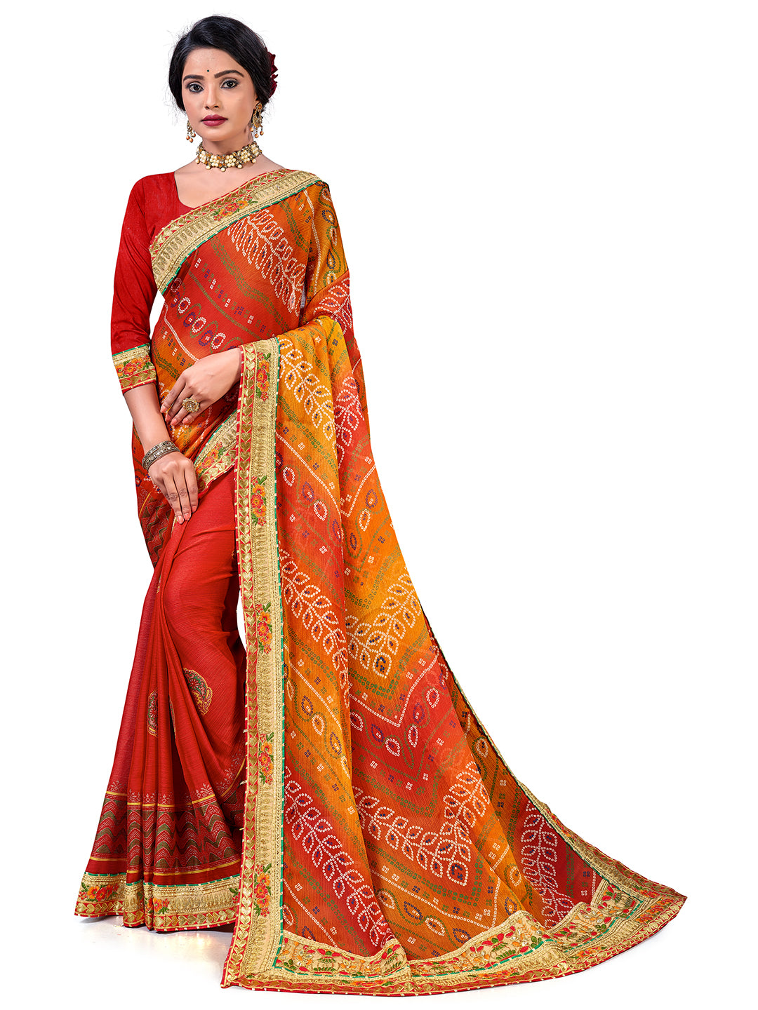 Women's Chiffon Bandhani Saree With Unstitched Blouse Piece