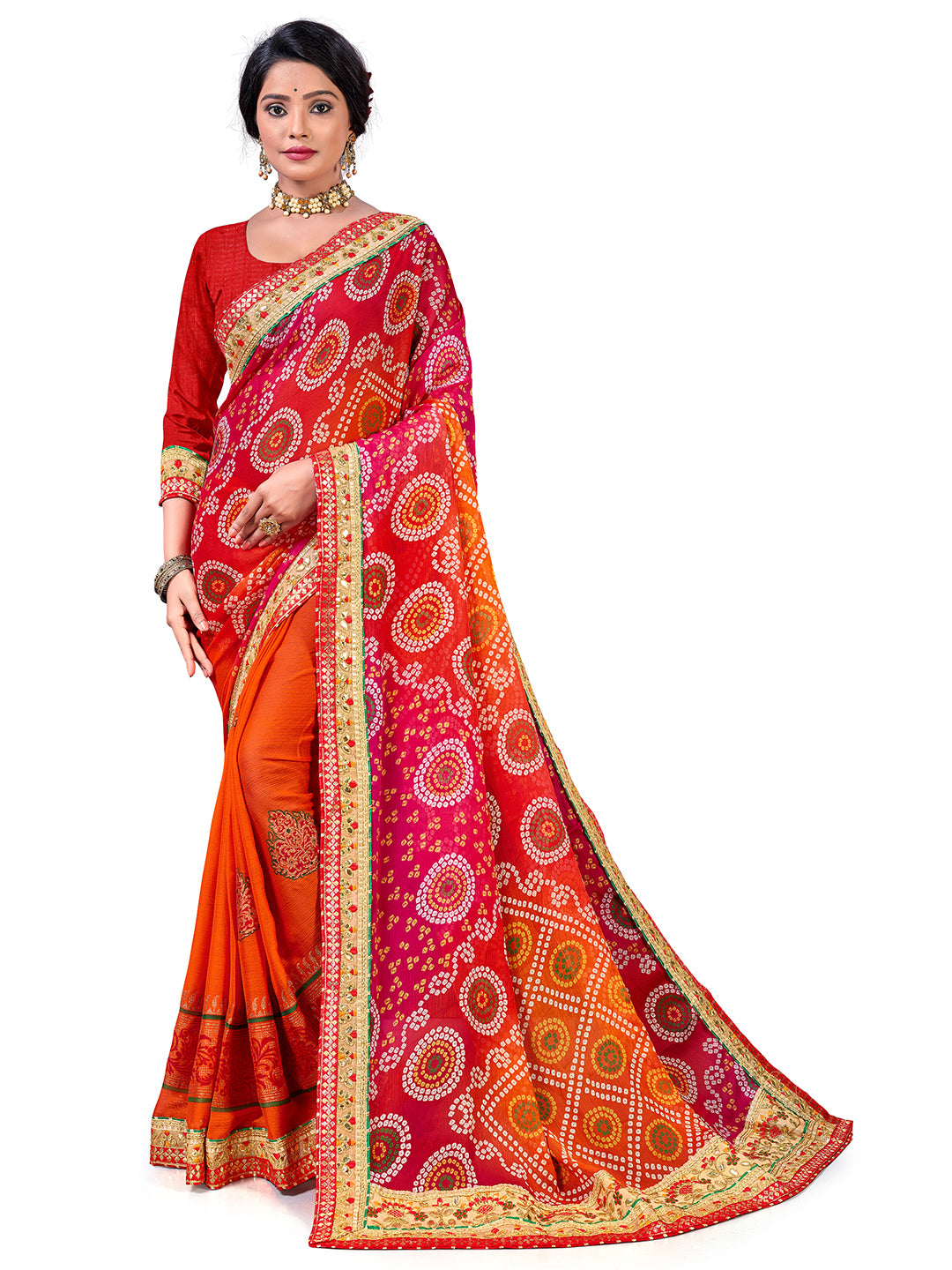 Women's Chiffon Bandhani Saree With Unstitched Blouse Piece