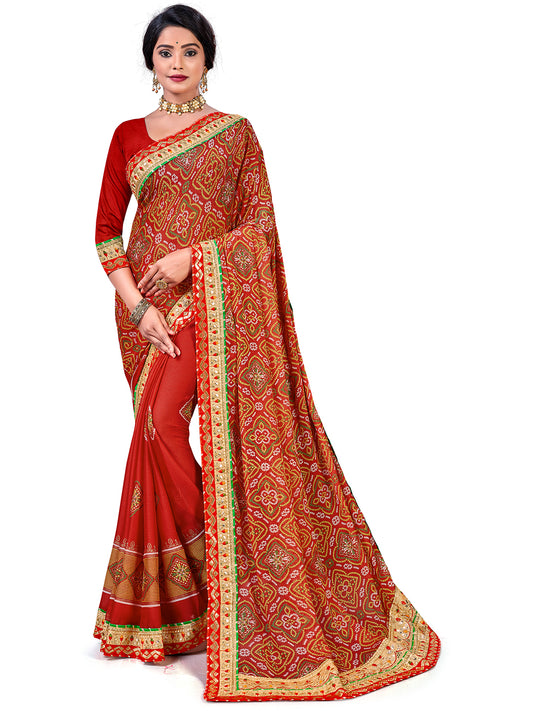 Women's Chiffon Bandhani Saree With Unstitched Blouse Piece