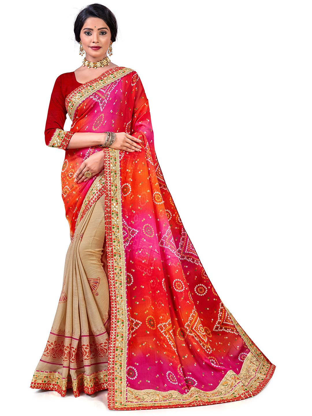 Women's Chiffon Bandhani Saree With Unstitched Blouse Piece