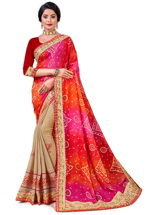 Women's Chiffon Bandhani Saree With Unstitched Blouse Piece