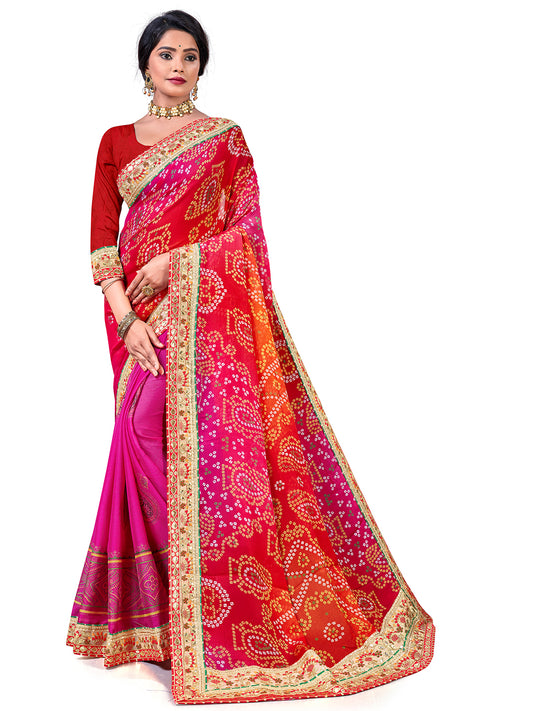 Women's Chiffon Bandhani Saree With Unstitched Blouse Piece