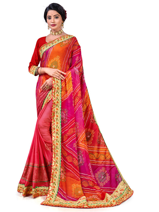 Women's Chiffon Bandhani Saree With Unstitched Blouse Piece