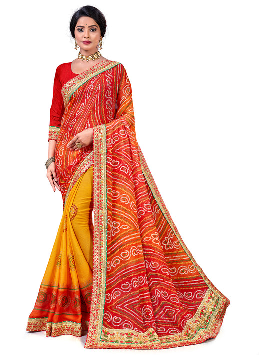 Women's Chiffon Bandhani Saree With Unstitched Blouse Piece
