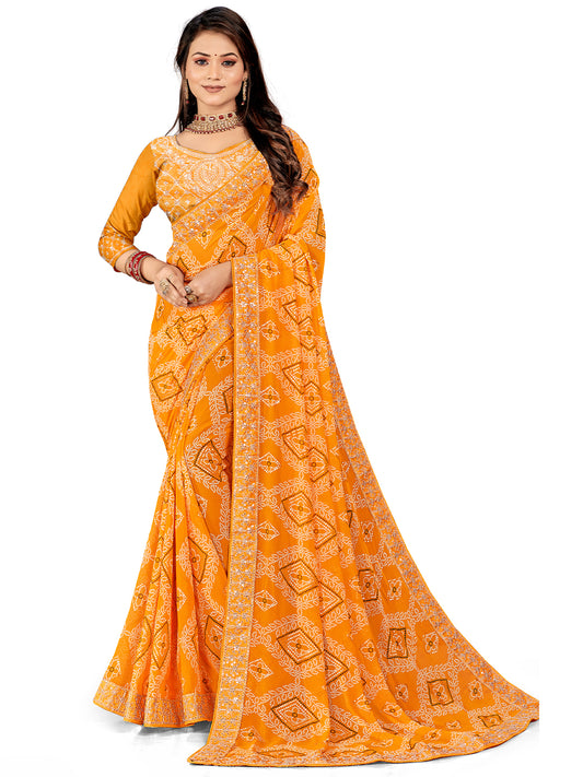 Women's Georgette Bandhani Saree With Unstitched Blouse Piece