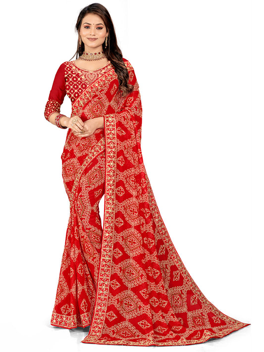 Women's Georgette Bandhani Saree With Unstitched Blouse Piece