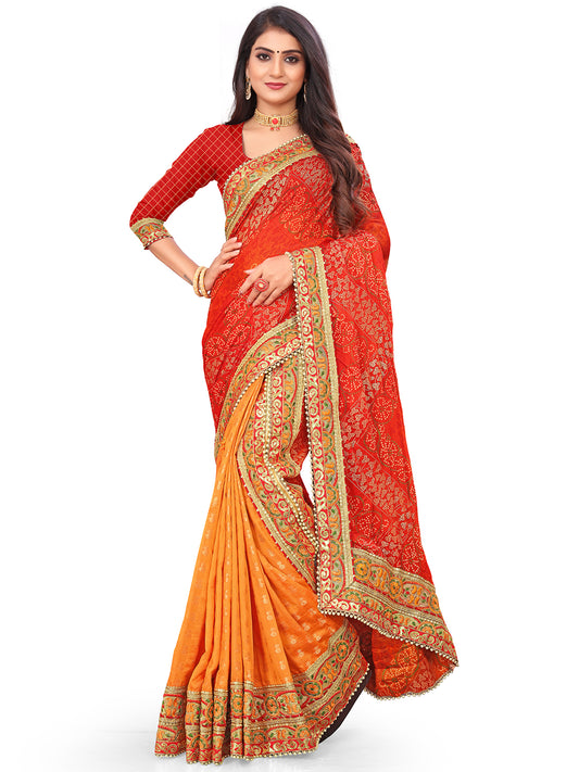 Women's Chiffon Bandhani Saree With Unstitched Blouse Piece