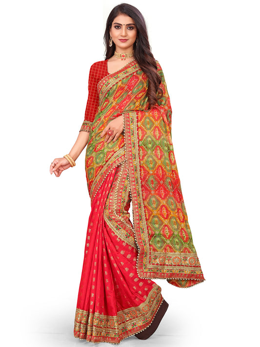 Women's Chiffon Bandhani Saree With Unstitched Blouse Piece