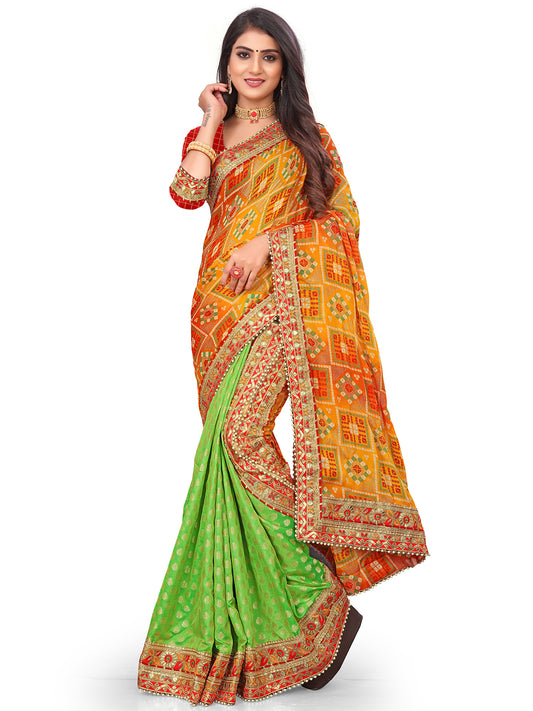 Women's Chiffon Bandhani Saree With Unstitched Blouse Piece