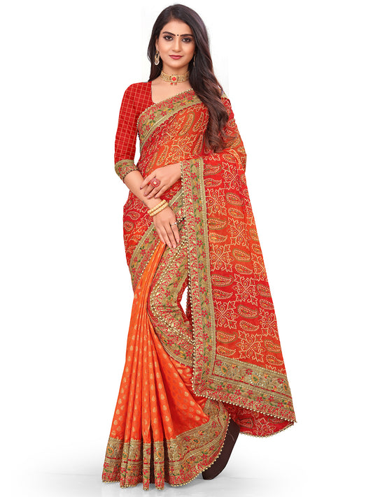 Women's Chiffon Bandhani Saree With Unstitched Blouse Piece