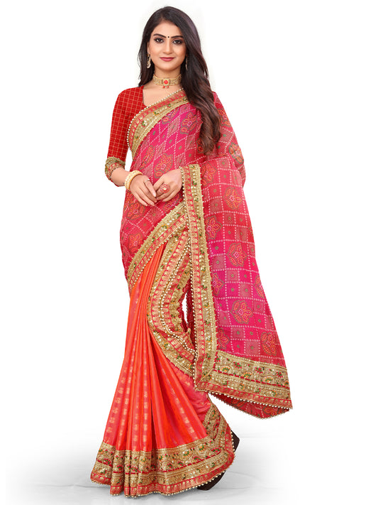 Women's Chiffon Bandhani Saree With Unstitched Blouse Piece