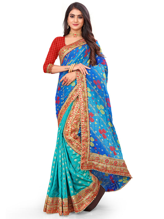 Women's Chiffon Bandhani Saree With Unstitched Blouse Piece
