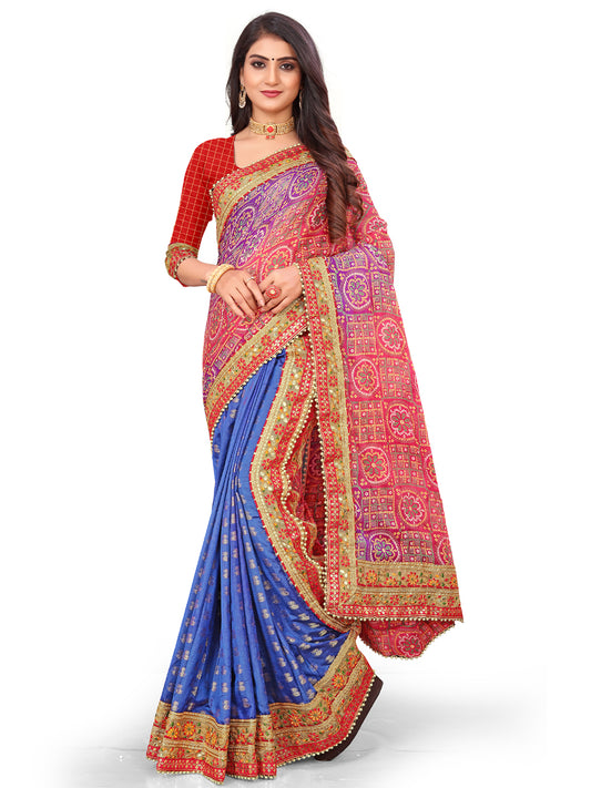 Women's Chiffon Bandhani Saree With Unstitched Blouse Piece