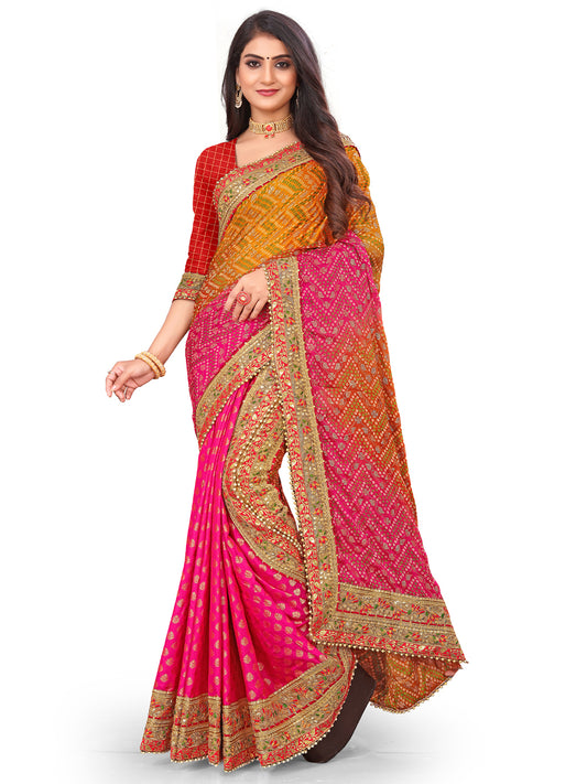 Women's Chiffon Bandhani Saree With Unstitched Blouse Piece