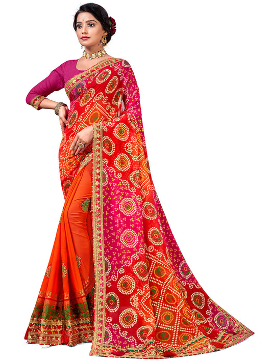 Women's Georgette Bandhani Saree With Unstitched Blouse Piece