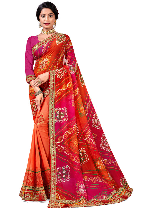 Women's Georgette Bandhani Saree With Unstitched Blouse Piece