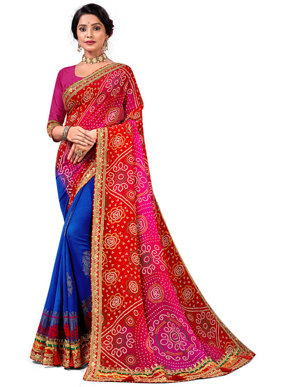 Women's Georgette Bandhani Saree With Unstitched Blouse Piece