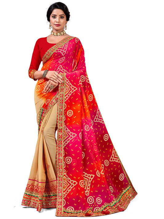 Women's Georgette Bandhani Saree With Unstitched Blouse Piece