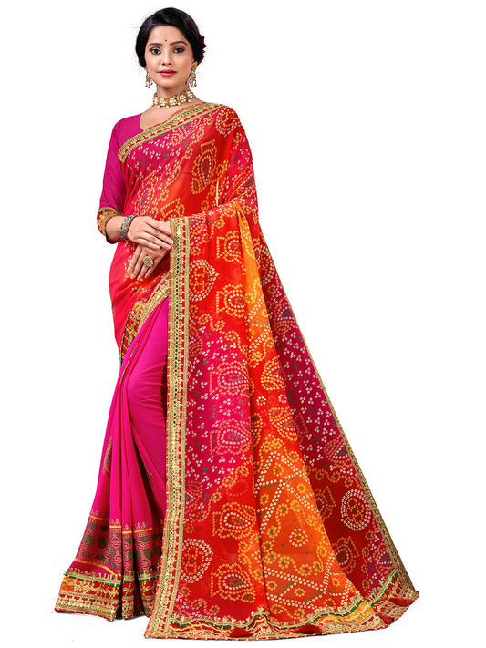 Women's Georgette Bandhani Saree With Unstitched Blouse Piece