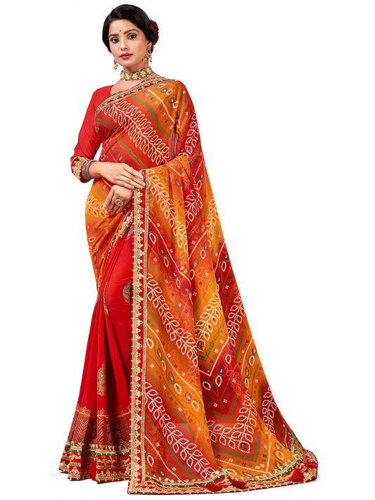 Women's Georgette Bandhani Saree With Unstitched Blouse Piece