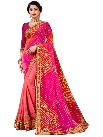Women's Georgette Bandhani Saree With Unstitched Blouse Piece