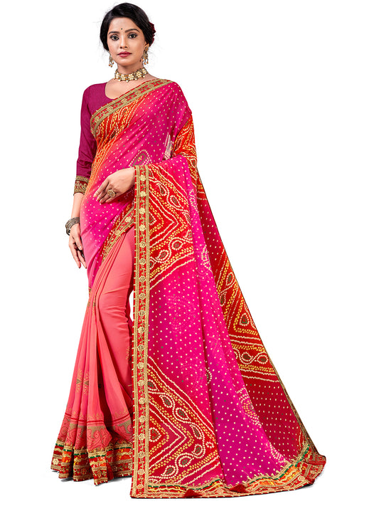 Women's Georgette Bandhani Saree With Unstitched Blouse Piece