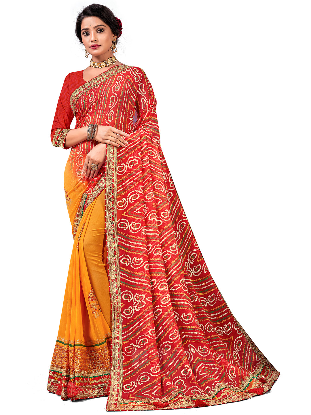Women's Georgette Bandhani Saree With Unstitched Blouse Piece