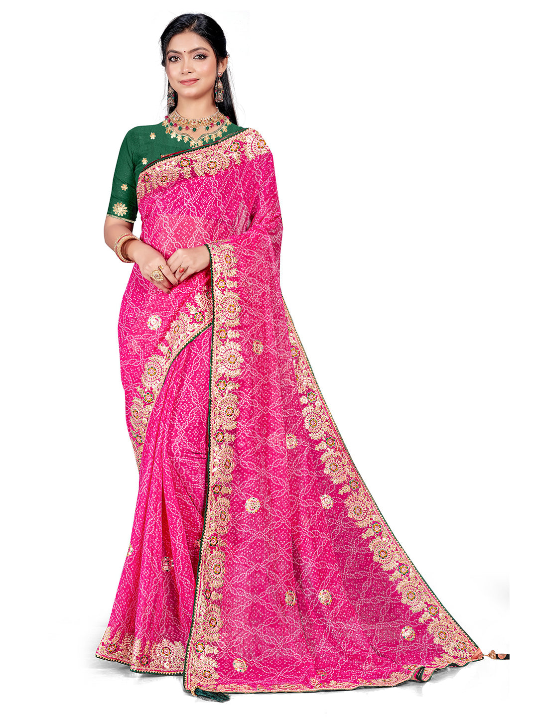 Women's Shimmer Bandhani Saree With Unstitched Blouse Piece