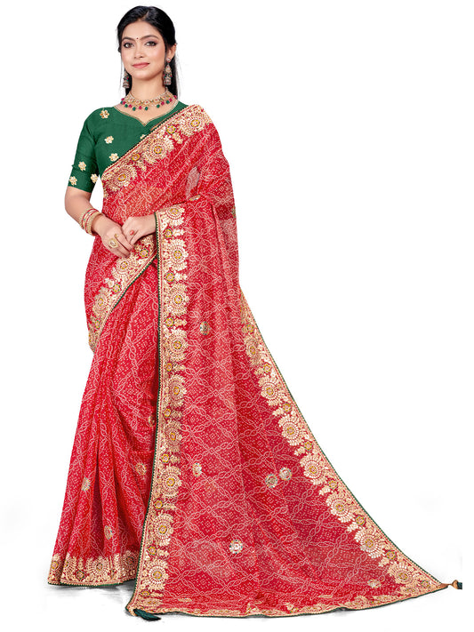Women's Shimmer Bandhani Saree With Unstitched Blouse Piece