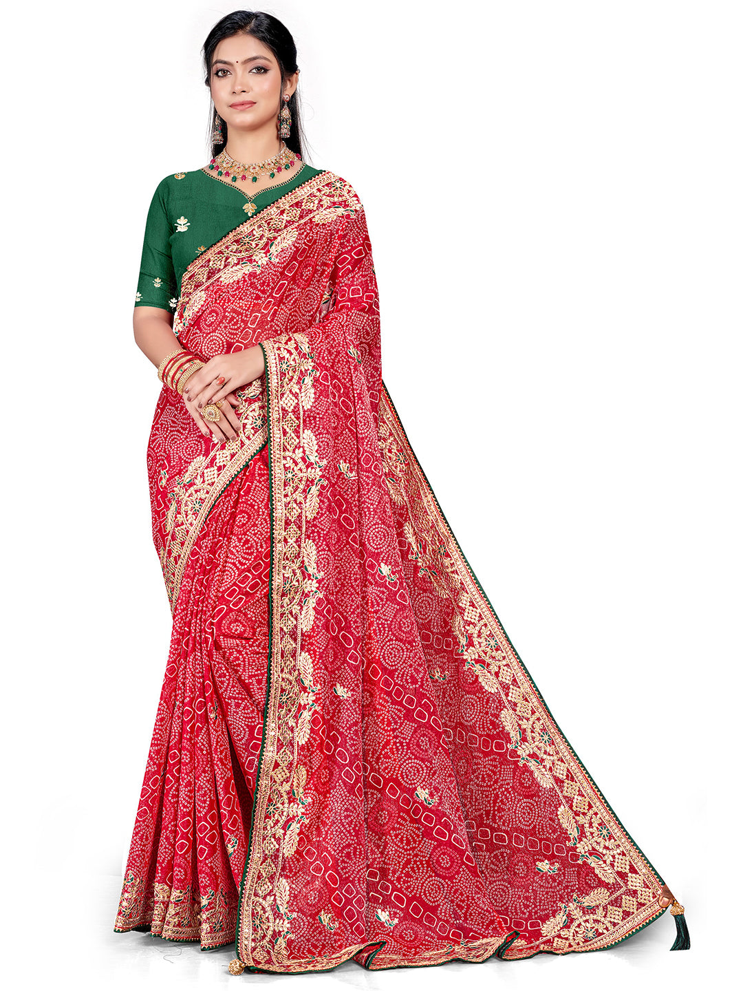 Women's Shimmer Bandhani Saree With Unstitched Blouse Piece