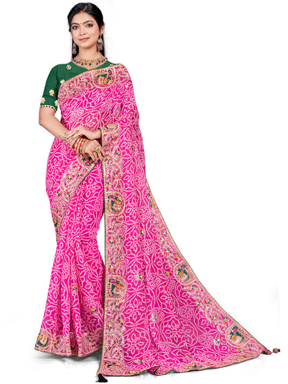 Women's Shimmer Bandhani Saree With Unstitched Blouse Piece