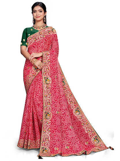Women's Shimmer Bandhani Saree With Unstitched Blouse Piece