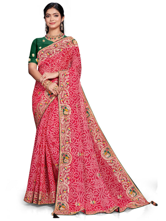 Women's Shimmer Bandhani Saree With Unstitched Blouse Piece