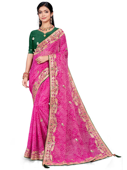 Women's Shimmer Bandhani Saree With Unstitched Blouse Piece