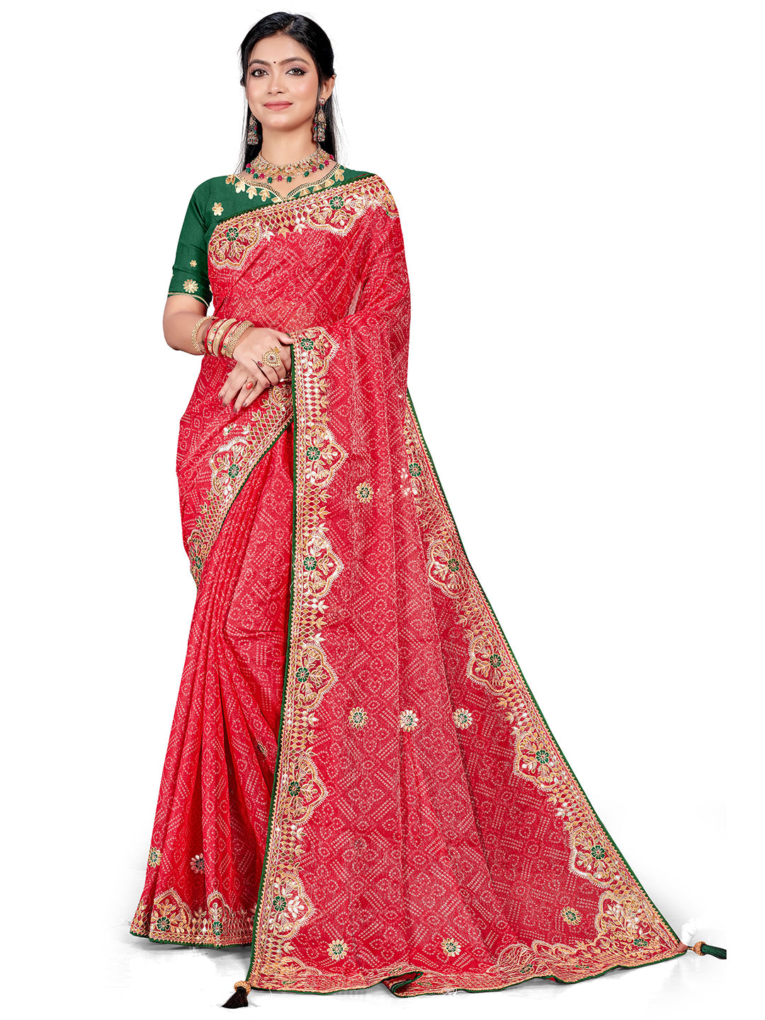 Women's Shimmer Bandhani Saree With Unstitched Blouse Piece