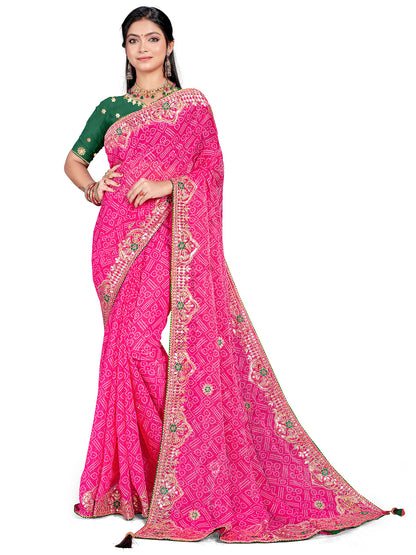 Women's Shimmer Bandhani Saree With Unstitched Blouse Piece