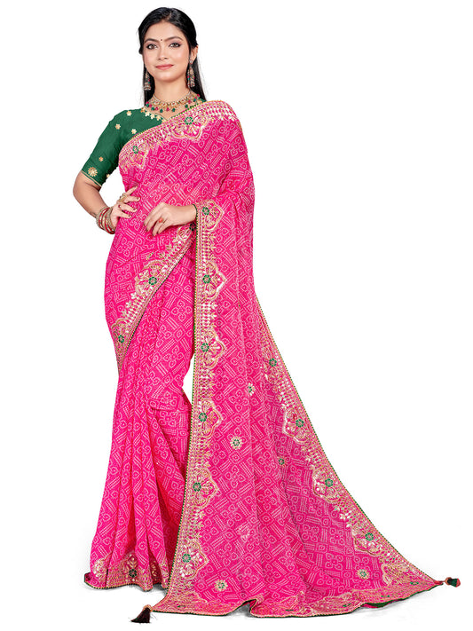 Women's Shimmer Bandhani Saree With Unstitched Blouse Piece