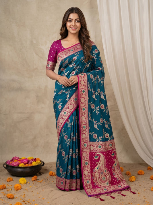 Women's Banarasi Silk Saree With Unstitched Blouse Piece