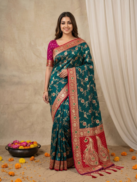 Women's Banarasi Silk Saree With Unstitched Blouse Piece
