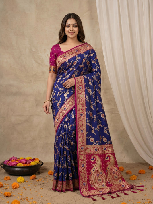 Women's Banarasi Silk Saree With Unstitched Blouse Piece