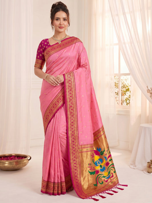 Women's Paithani Silk Saree With Unstitched Blouse Piece